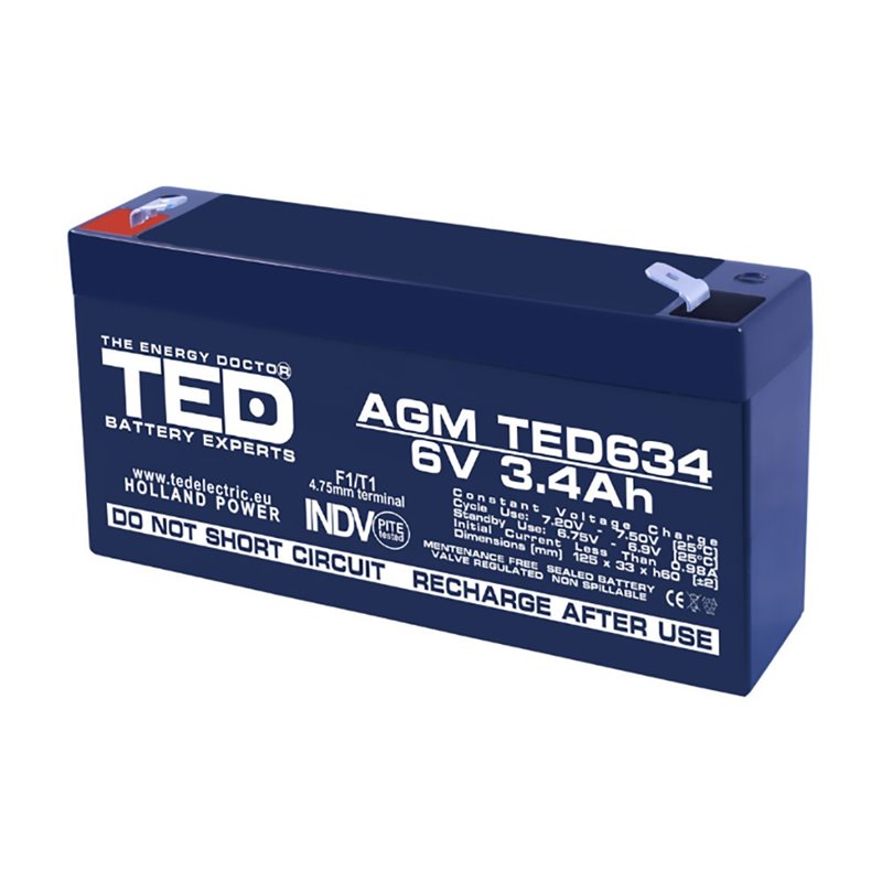 Acumulator AGM TED634F1 6V 3.4Ah F1 Acumulator AGM TED634F1 6V 3.4Ah F1