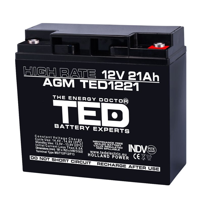 Acumulator AGM TED1221HRM5 12V 21Ah HIGH RATE Acumulator AGM TED1221HRM5 12V 21Ah HIGH RATE
