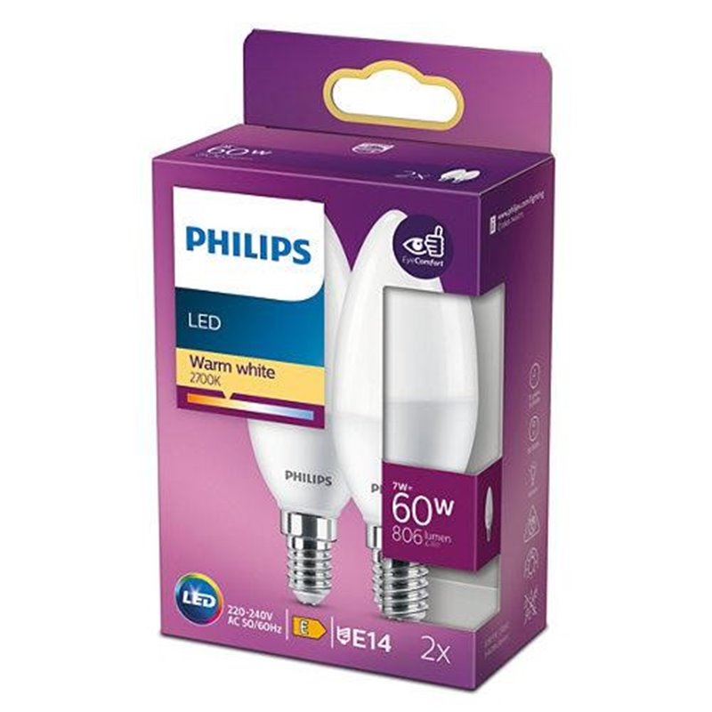 Pachet 2 becuri LED Philips B38, E14, 7W