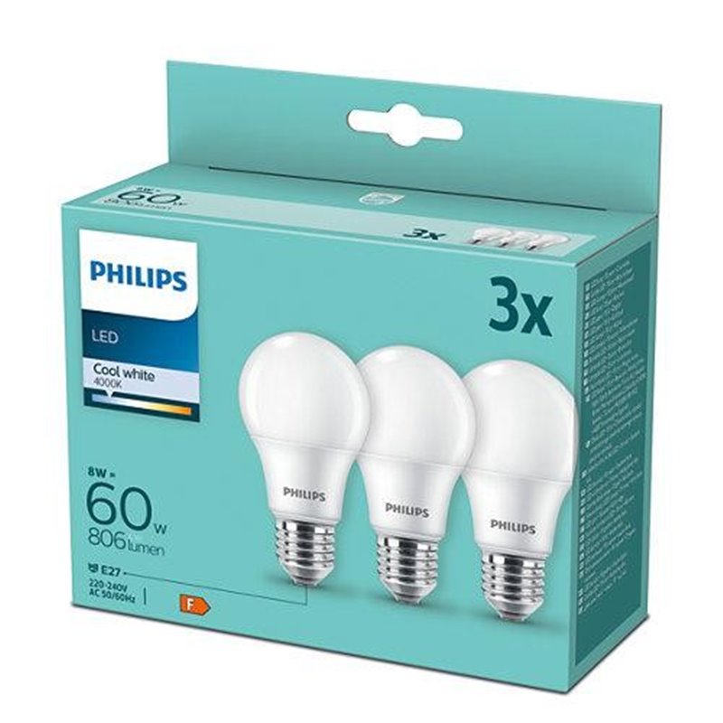 Pachet 3 becuri LED Philips, A60, E27, 8
