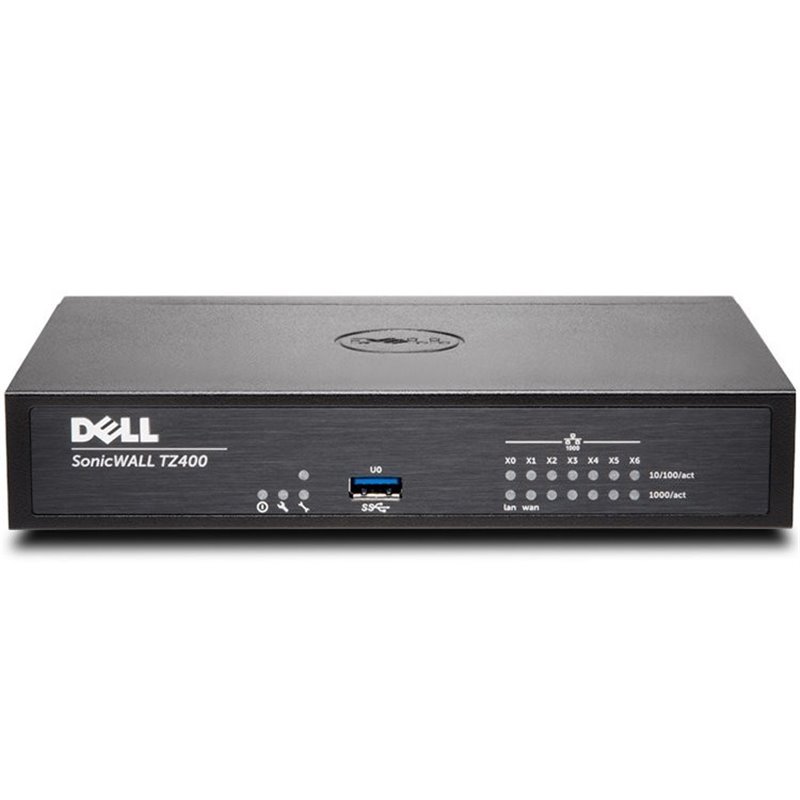 DELL SonicWALL TZ400, 4x800MHz cores, 1GB RAM, 64MB Flash, 8 x RJ45 Ports 10/100/1000, USB, VPN, VLAN DELL SonicWALL TZ400, 4x800MHz cores, 1GB RAM, 64MB Flash, 8 x RJ45 Ports 10/100/1000, USB, VPN, VLAN