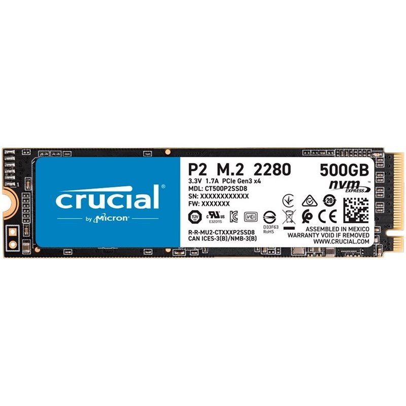 CRUCIAL P2 500GB SSD, M.2 2280, PCIe Gen3 x4, Read/Write: 2300/940 MB/s, Random Read/Write IOPS: 95K/215K CRUCIAL P2 500GB SSD, M.2 2280, PCIe Gen3 x4, Read/Write: 2300/940 MB/s, Random Read/Write IOPS: 95K/215K